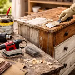 Mano guantata usa una spatola per sverniciare legno da un vecchio comò. Attrezzi da lavoro e solvente sono pronti per il restauro.