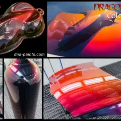 Effetti cangianti di vernice camaleonte su campioni e parti di auto, dal rosso al viola, con riflessi metallici.