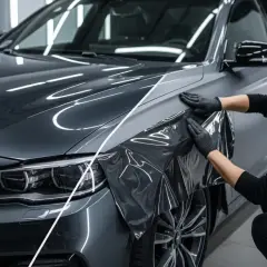 Un professionista applica una pellicola per cambiare colore auto, trasformando il grigio metallizzato in un'elegante finitura opaca.