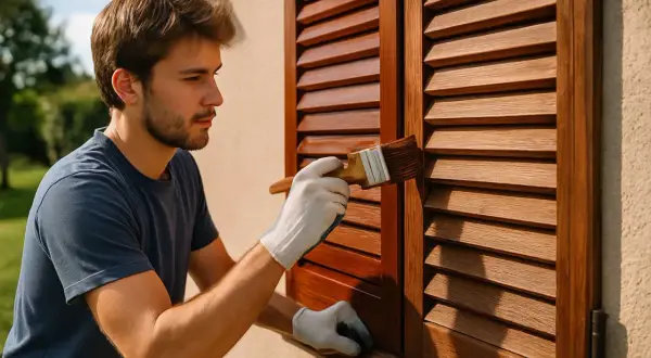 Giovane uomo con guanti bianchi effettua la verniciatura persiane in legno, rinnovando la facciata con cura.