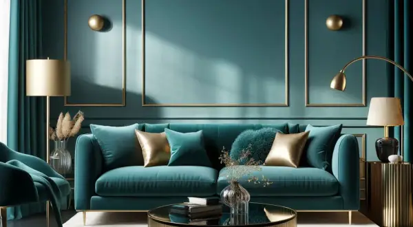 Un elegante salotto con divano e poltrona color ottanio, dettagli dorati e luci soffuse creano un'atmosfera lussuosa.