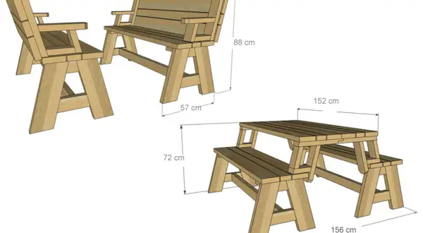 Disegni tecnici di panche in legno fai da te, con misure indicate. Un set include una panca singola e una panca doppia con tavolo integrato.