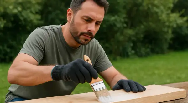 Uomo con guanti vernicia un asse di legno grezzo di abete all'aperto, con un pennello bianco.