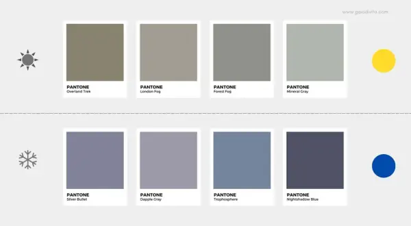 Tonalità di grigio: Overland Trek e London Fog sembrano caldi, mentre Mineral Gray e Silver Bullet suggeriscono che il grigio è un colore freddo.
