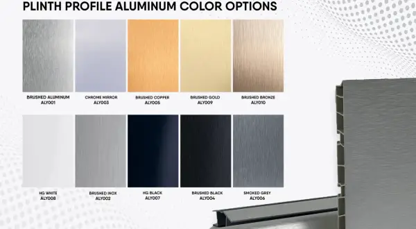 Opzioni di colore per profili battiscopa in alluminio: spazzolato, cromato, rame, oro, bronzo, bianco, inox, nero e grigio fumé.