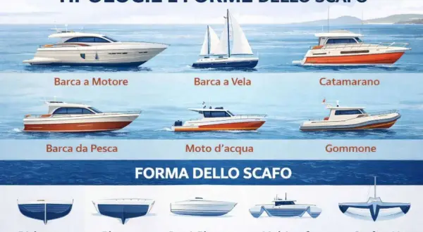 Diverse tipologie di barche e forme dello scafo. La scelta del colore, ad esempio per una barca a motore bianca con scafo arancione, dipende dal gusto personale.