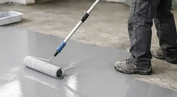 Applicazione di resina epossidica su pavimento grezzo. Le proporzioni resina epossidica sono fondamentali per un risultato perfetto.