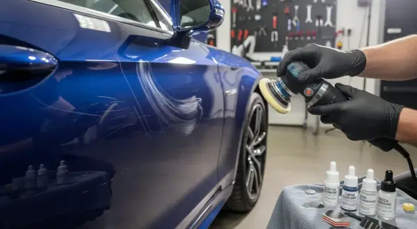 Un professionista usa una lucidatrice per riparare la carrozzeria di un'auto blu graffiata.