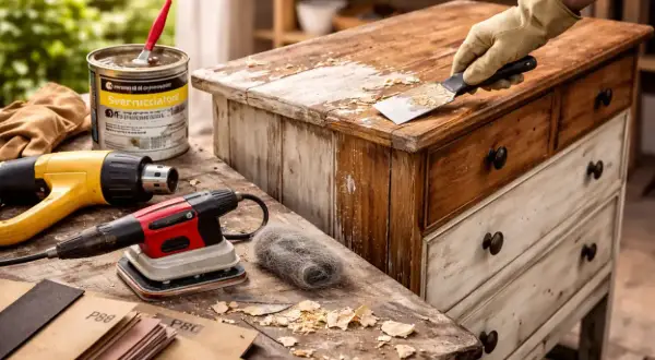 Mano guantata usa una spatola per sverniciare legno da un vecchio comò. Attrezzi da lavoro e solvente sono pronti per il restauro.