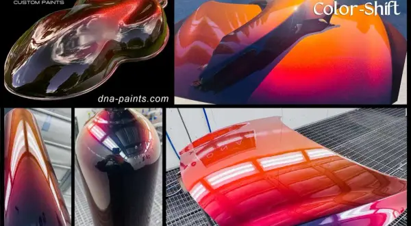 Effetti cangianti di vernice camaleonte su campioni e parti di auto, dal rosso al viola, con riflessi metallici.