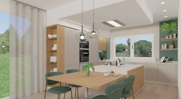 Cucina moderna con isola centrale, tavola in legno e sedie verdi. L'ambiente è dominato da **colori neutri** e finiture naturali, con un tocco di verde dalle piante.