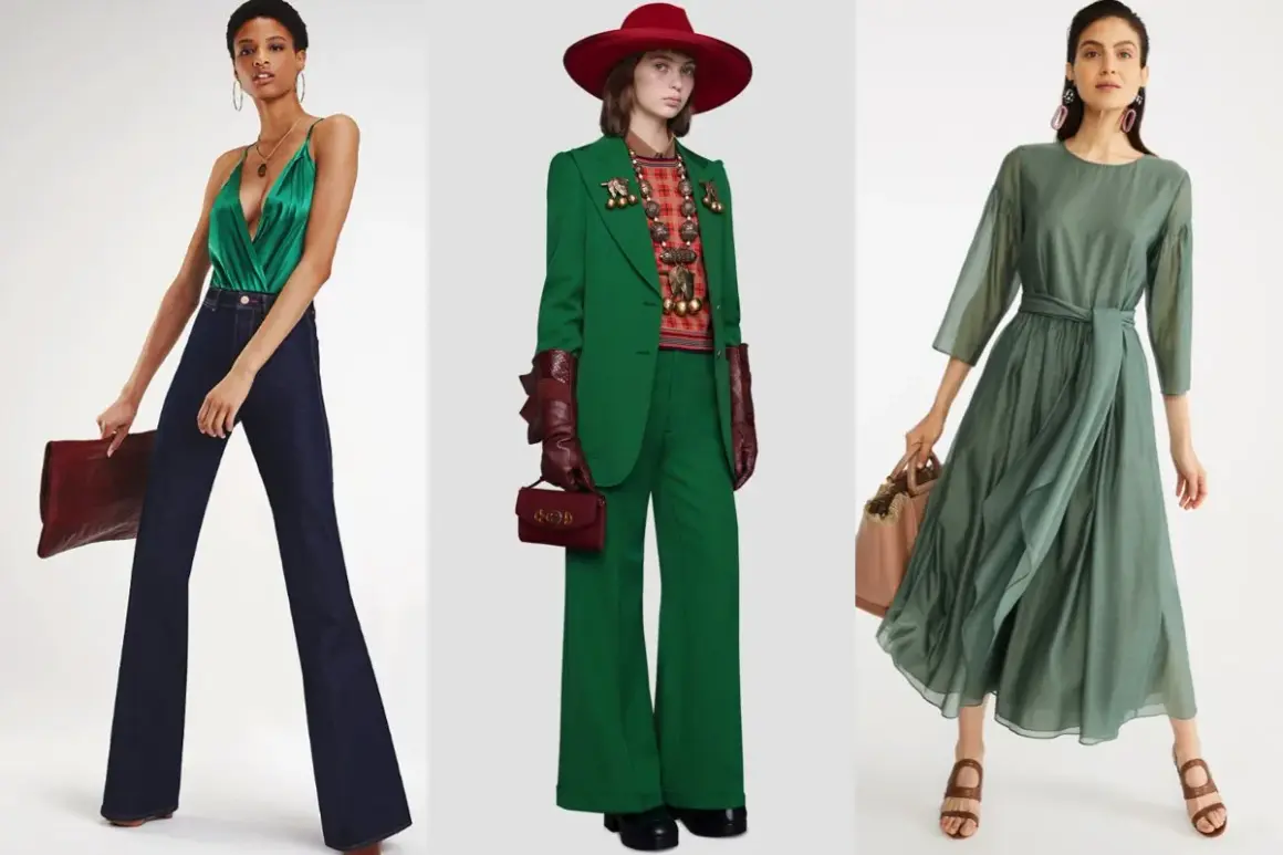 Tre donne indossano abiti eleganti in varie tonalità di verde, dal brillante verde militare al tenue verde salvia.