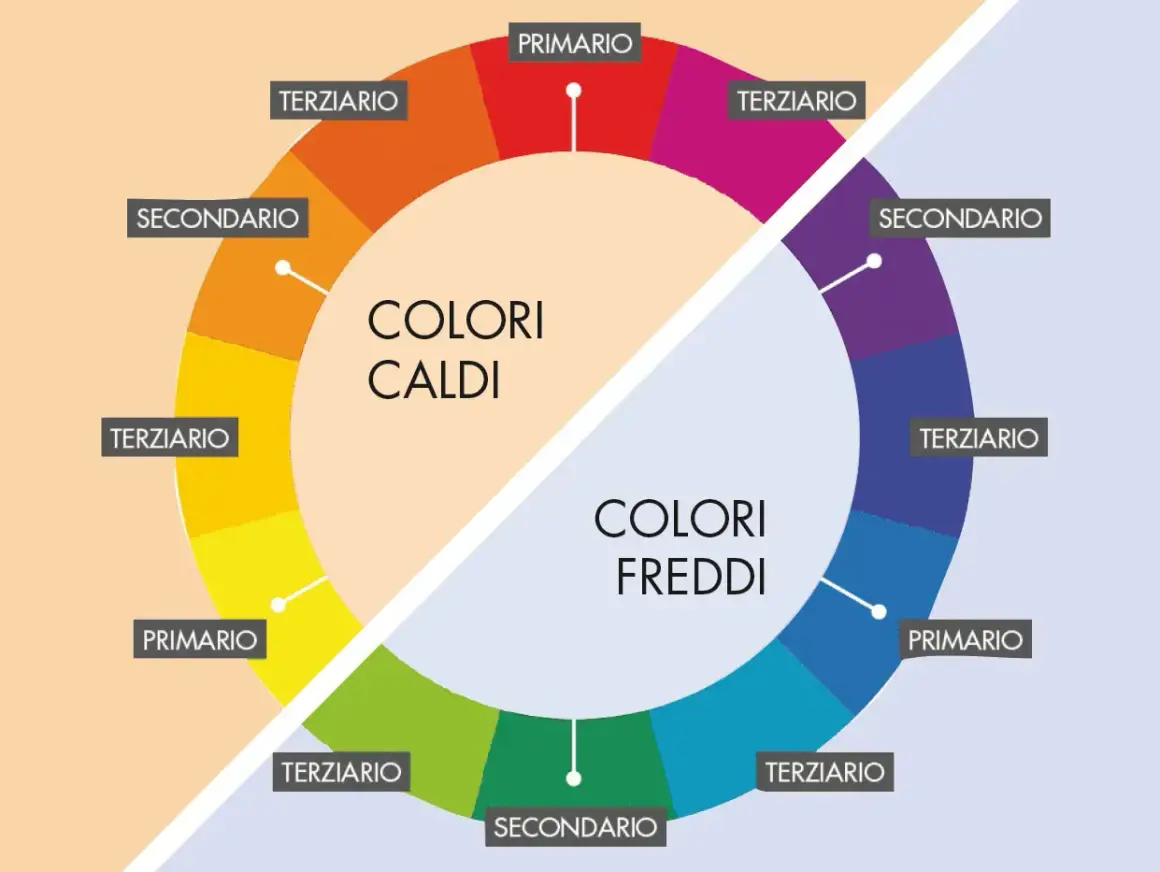 Ruota dei colori divisa: colori caldi (rosso, arancio, giallo) e colori freddi (blu, viola, verde).
