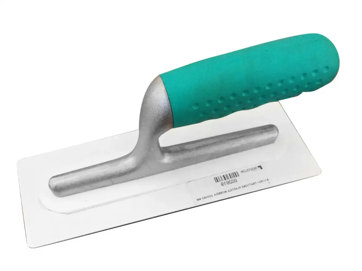 Frattone con manico ergonomico in plastica verde, ideale per stendere intonaci e malte.