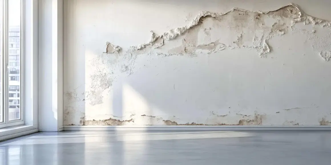 Muro scrostato con macchie di umidità, come se la pittura si stesse aggrappante al quarzo sottostante. Luce solare filtra da una grande finestra.