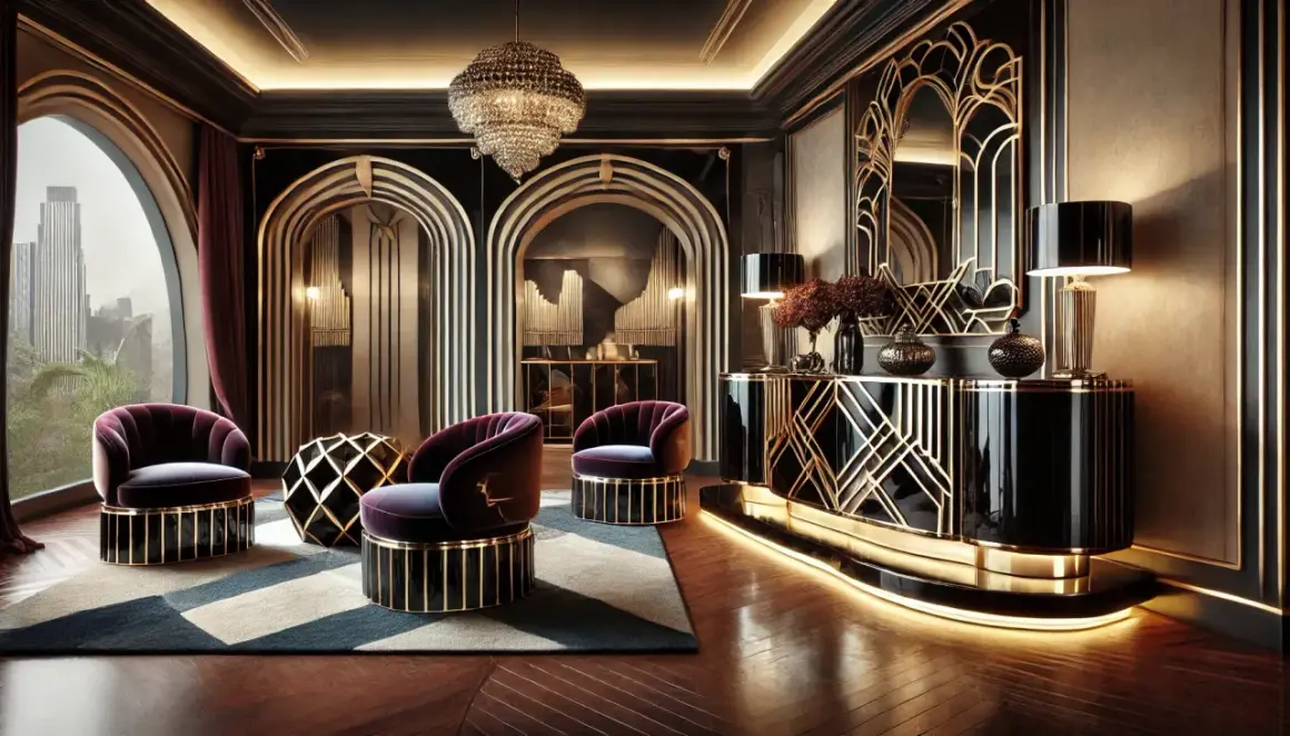 Salotto lussuoso in stile art déco anni 20, con poltrone in velluto viola, mobile bar nero e oro, e un grande specchio decorato.