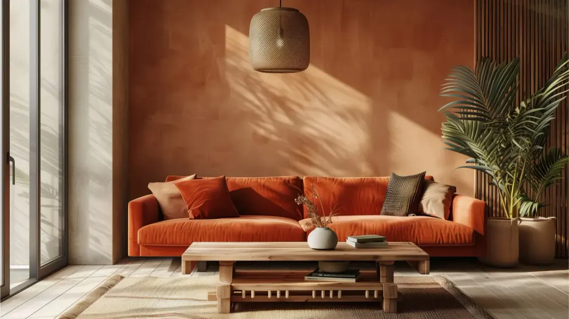 Divano arancione acceso, con cuscini morbidi e un tavolino in legno. L'ambiente è scaldato da un'illuminazione soffusa e da un'ombra che ricorda il colore damasco.