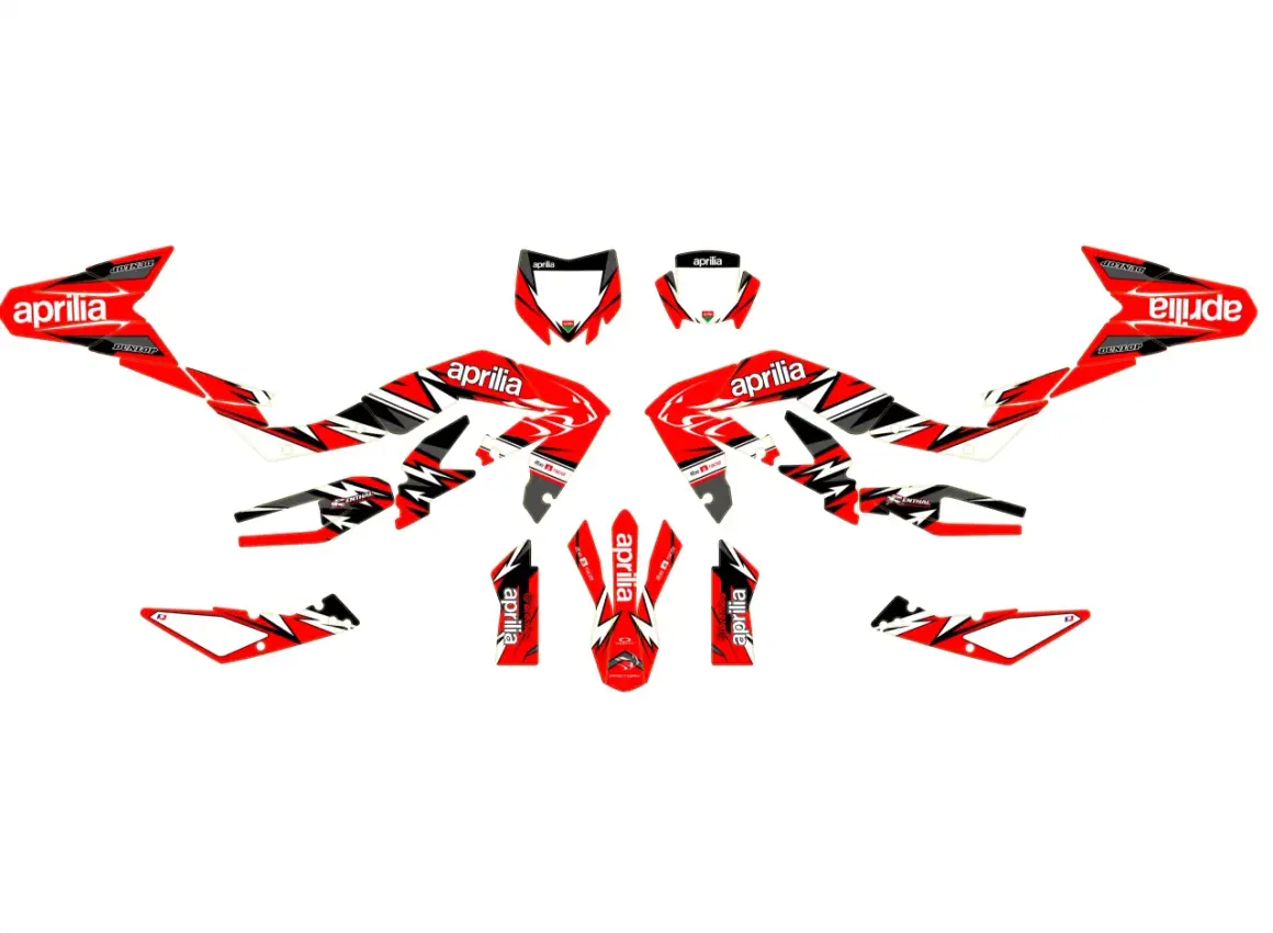 Kit adesivi Aprilia rossi e neri per personalizzare la tua moto. Segui le istruzioni per capire come attaccare un adesivo sulla macchina e dare un look racing.