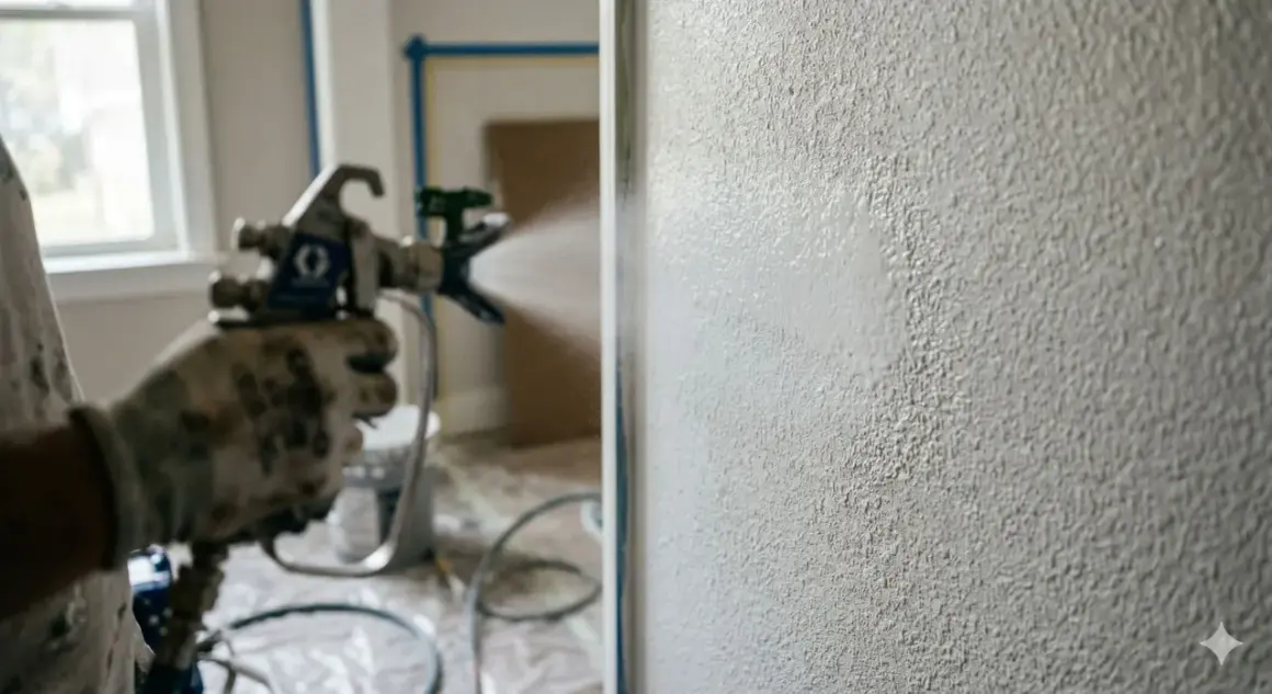 Mano guantata usa pistola a spruzzo per dare finitura a muro. Meglio rullo o pistola a spruzzo? La pistola offre un'applicazione uniforme.