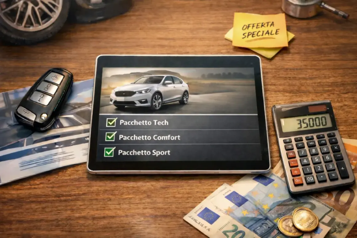 Tablet con auto bianca, pacchetti selezionati e calcolatrice con 35000. Il colore carrozzeria dell'auto è un elegante argento.