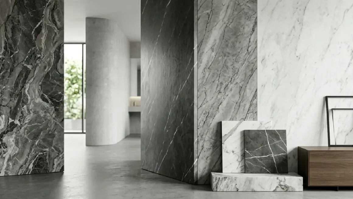 Pareti con pittura decorativa effetto marmo in diverse tonalità, dal grigio scuro al bianco, con venature naturali.