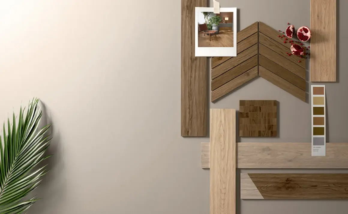Moodboard con campioni di piastrelle effetto legno per creare schemi di posa terrazzo unici.
