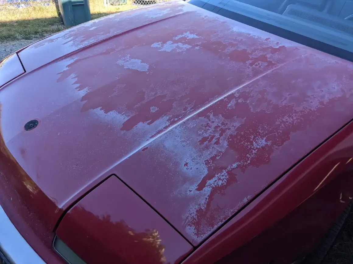Il cofano di un'auto rossa presenta il trasparente rovinato, con chiazze bianche che indicano la necessità di capire come togliere il trasparente dalla carrozzeria.