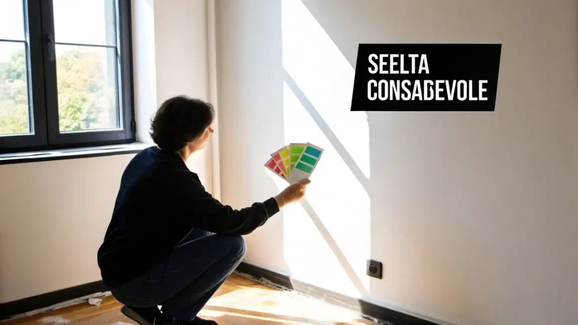 Persona sceglie colori per pitture decorative, confrontando campioni su una parete chiara.