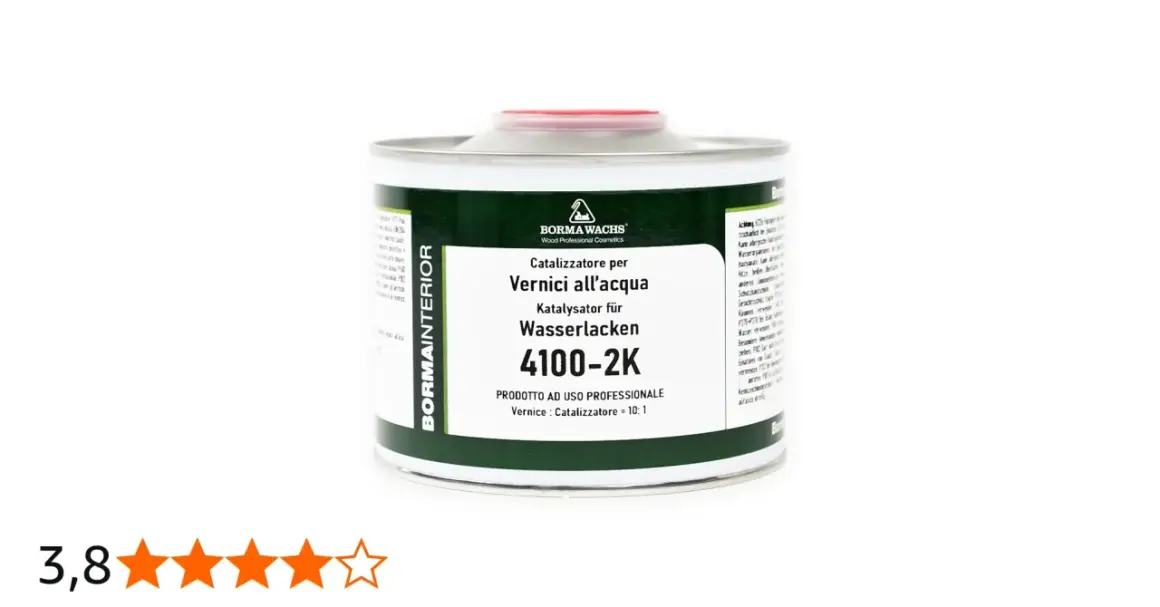 Barattolo di catalizzatore per vernici all'acqua Borma Wachs 4100-2K, per uso professionale. Il rapporto di miscelazione vernice: catalizzatore è 10:1.