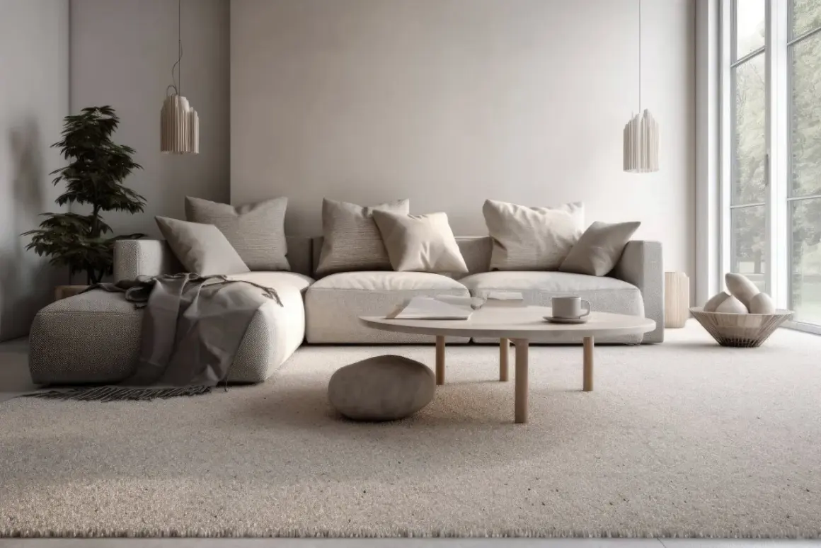 Un soggiorno accogliente con divano angolare, tavolino e tappeto. Il colore taupe è presente in tutto l'arredamento, creando un'atmosfera rilassante.