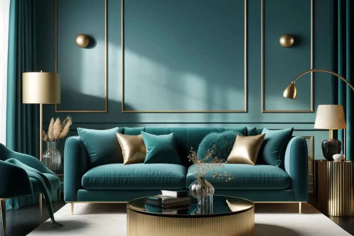 Un elegante salotto con divano e poltrona color ottanio, dettagli dorati e luci soffuse creano un'atmosfera lussuosa.