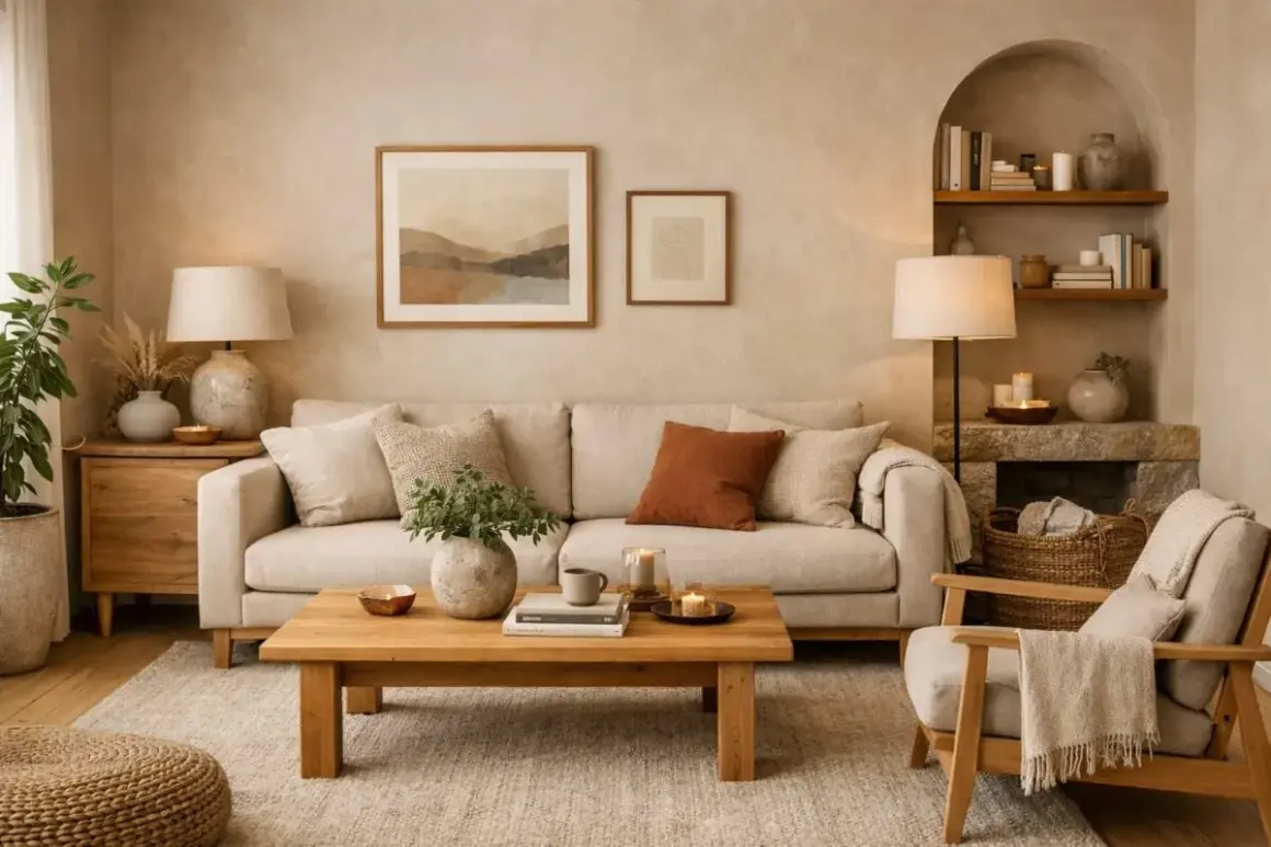 Salotto accogliente con divano beige, tavolino in legno e quadri alle pareti. L'ambiente è pervaso da **colori caldi** e texture naturali, creando un'atmosfera rilassante.