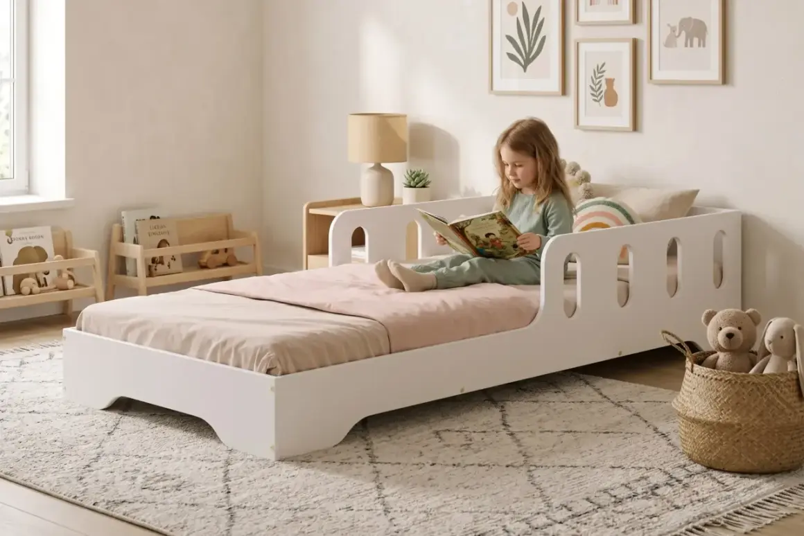 Bambina legge un libro nella sua cameretta neonato moderna, con peluche e quadri alle pareti.