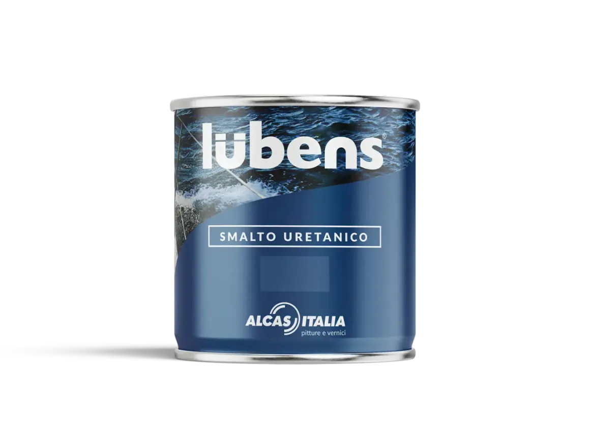 Lattina di smalto uretanico Lubens, con immagine di onde marine. Le caratteristiche di questo smalto lo rendono ideale per proteggere e decorare.