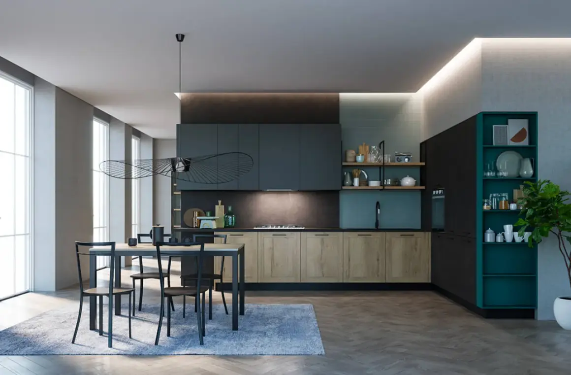 Elegante cucina ottanio e legno con isola centrale, tavolo da pranzo e illuminazione moderna.