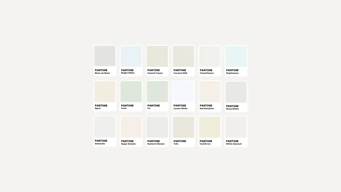 Palette di sfumature di bianco, con nomi evocativi come "Blanc de Blanc" e "Snow White", per ogni colore codice.