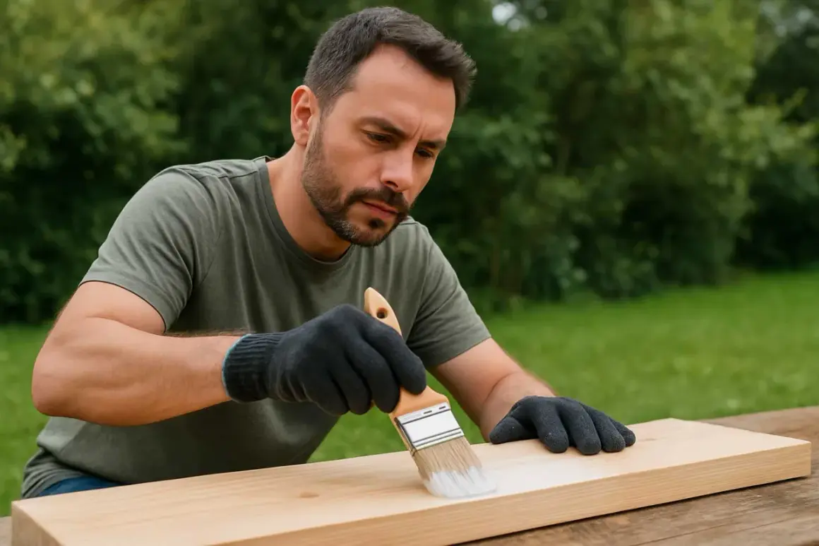 Uomo con guanti vernicia un asse di legno grezzo di abete all'aperto, con un pennello bianco.