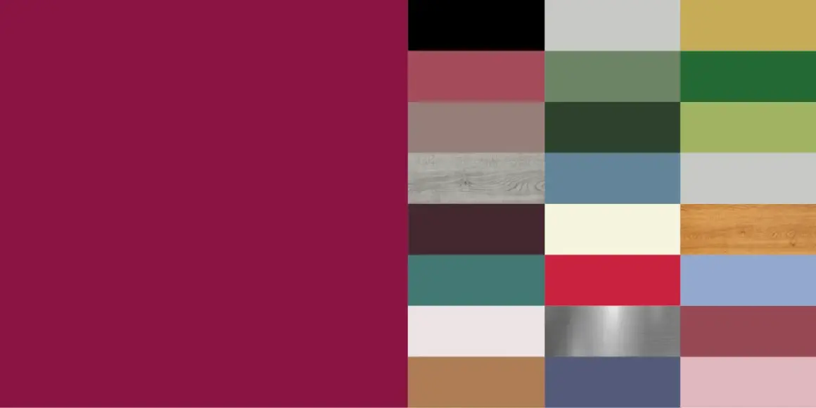 Tabelle abbinamento colori bordeaux: campioni cromatici che spaziano dal nero al rosa tenue, passando per verdi, grigi e legni.