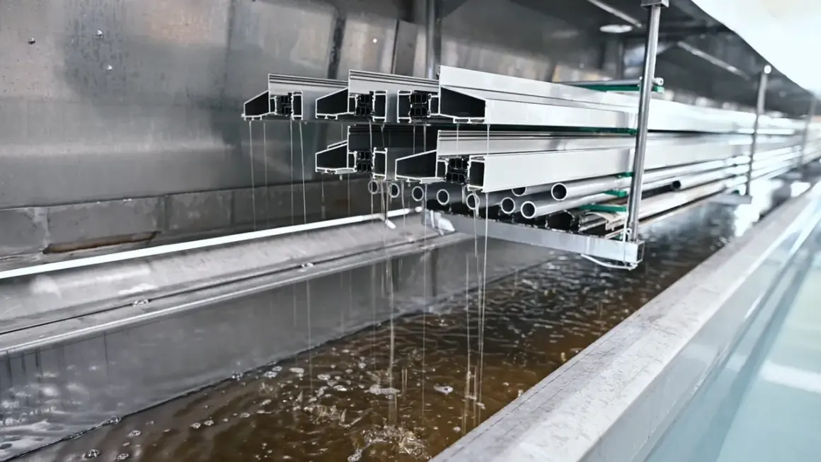 Profili in alluminio immersi in un bagno per la sverniciatura chimica, gocciolando liquido marrone.