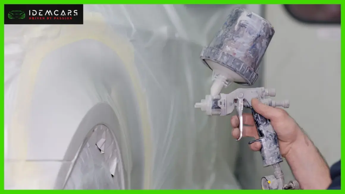 Mano che tiene una pistola a spruzzo per verniciare auto su vernice esistente, con la carrozzeria protetta da teli.