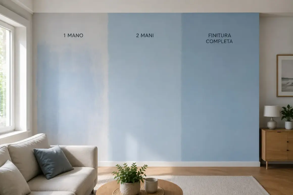 Parete con campioni di vernice blu: 1 mano, 2 mani e finitura completa. Si vede l'effetto del primo strato, un undercoat leggero, che migliora con le mani successive.