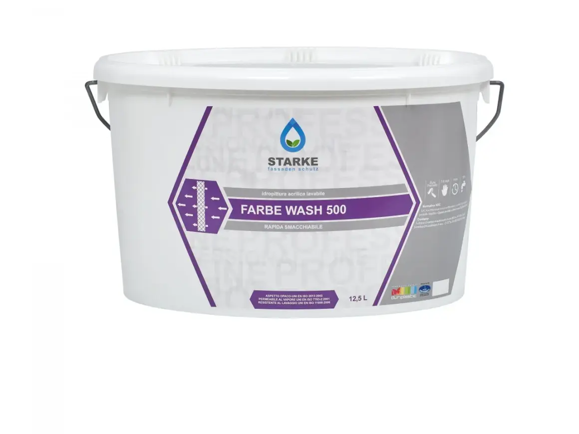 A white bucket of "FARBE WASH 500" wash primer with Italian text and product information.