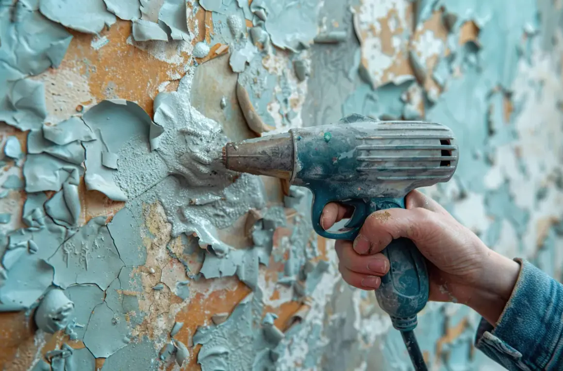 Strumento per rimuovere la pittura scrostata da un muro. La mano impugna l'utensile, pronto a iniziare il lavoro.