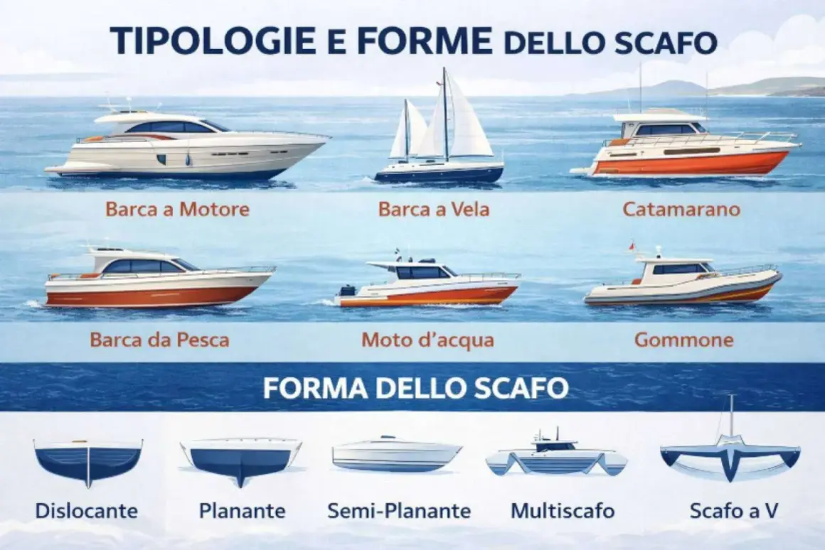 Diverse tipologie di barche e forme dello scafo. La scelta del colore, ad esempio per una barca a motore bianca con scafo arancione, dipende dal gusto personale.