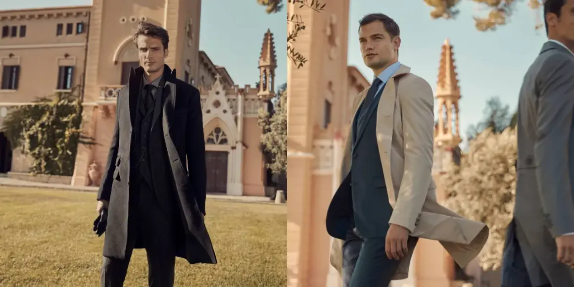 Uomini eleganti in abiti scuri e chiari davanti a un edificio storico. Il nero è un colore caldo o freddo? Dipende dallo stile.