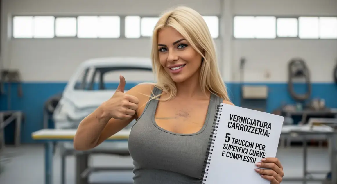 Donna sorridente in officina, con un foglio su "Verniciatura Carrozzeria: 5 trucchi per superfici curve e complessi!". Dietro, un'auto in fase di preparazione, forse per un nuovo colore metallizzato auto.
