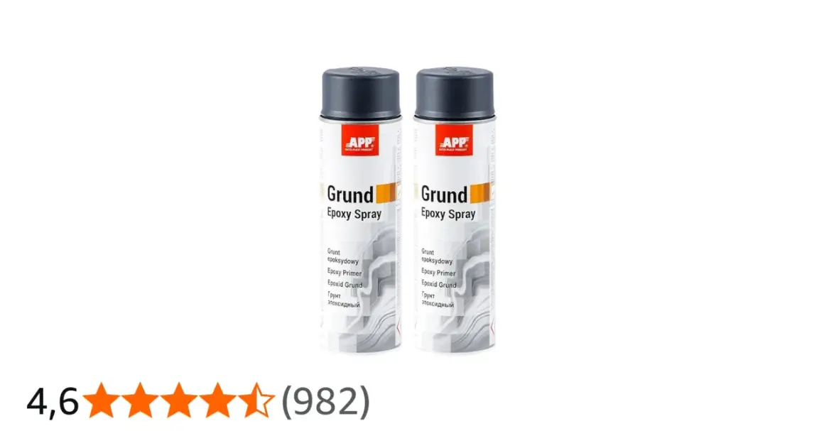Due lattine di spray "Grund Epoxy Spray" con un design a strisce grigie e bianche. Un ottimo fondo bagnato su bagnato per preparare le superfici.