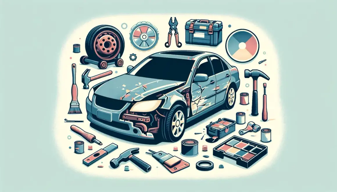 Auto danneggiata circondata da attrezzi e colori, pronta per riparazioni. Si vedono nomi carrozzeria auto e parti di ricambio.