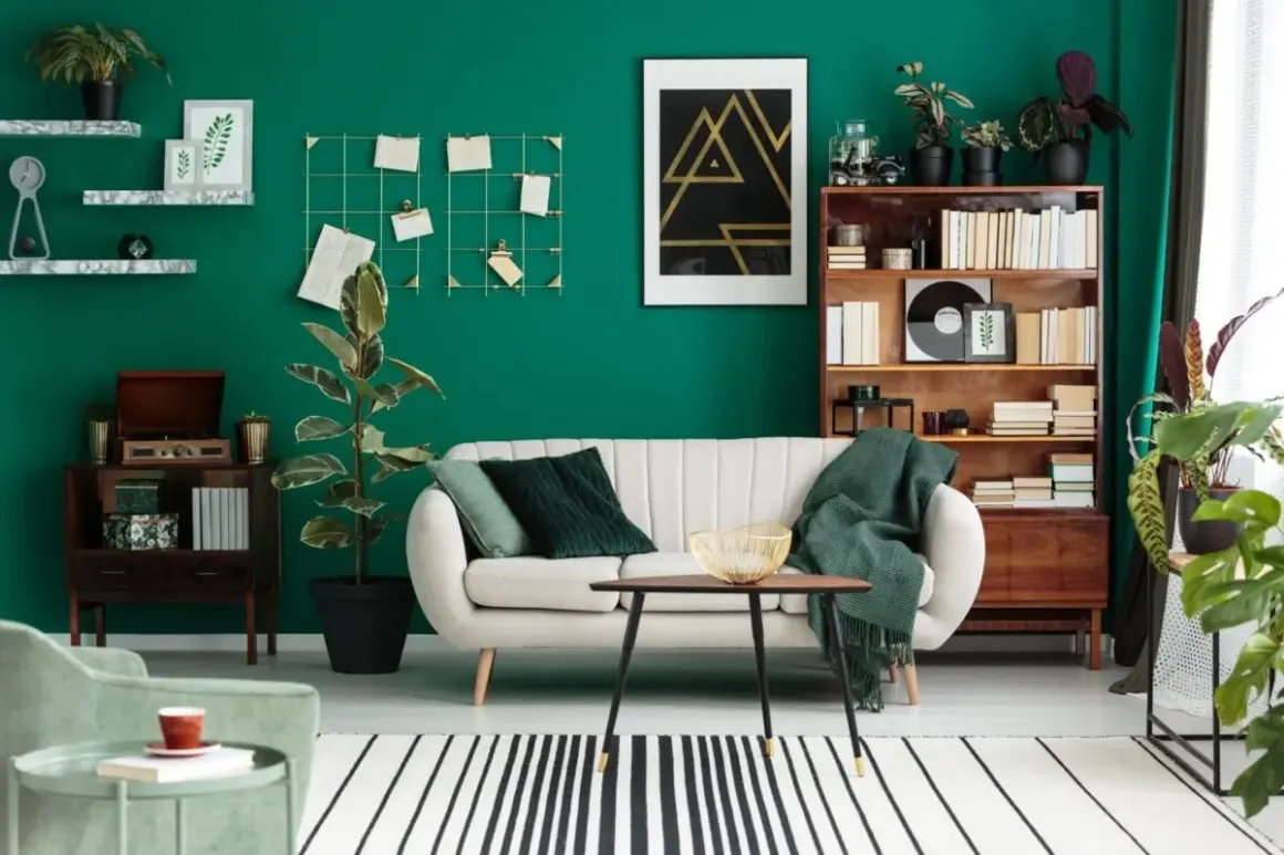 Soggiorno con parete verde smeraldo, divano bianco, libreria in legno e piante che creano diverse **tipi di green**.