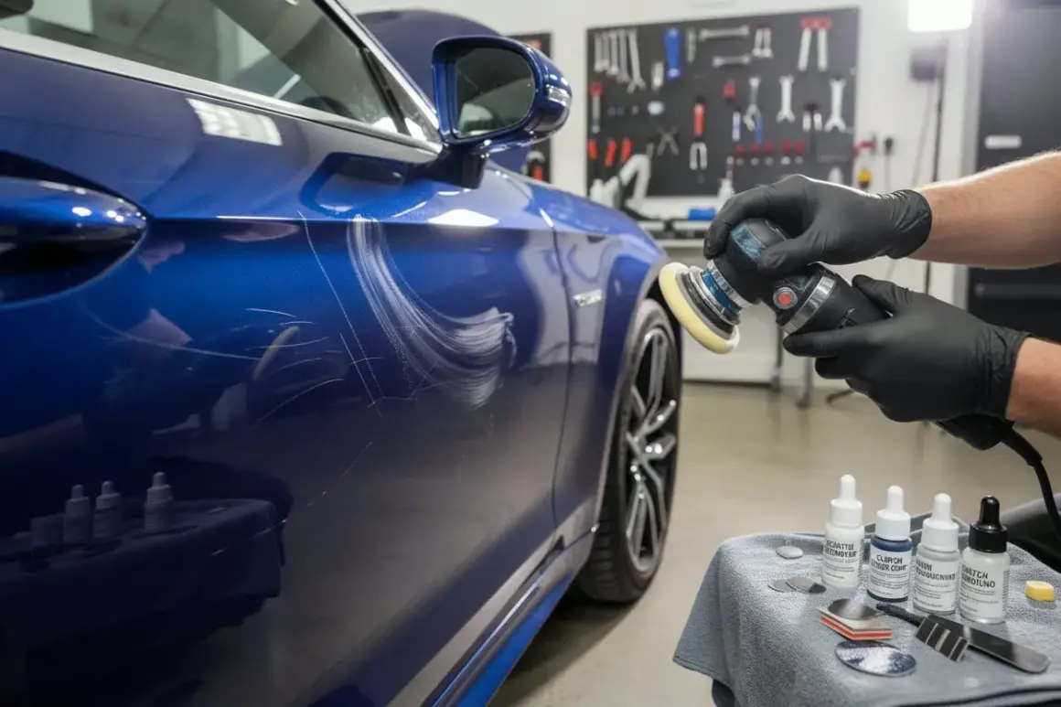 Un professionista usa una lucidatrice per riparare la carrozzeria di un'auto blu graffiata.
